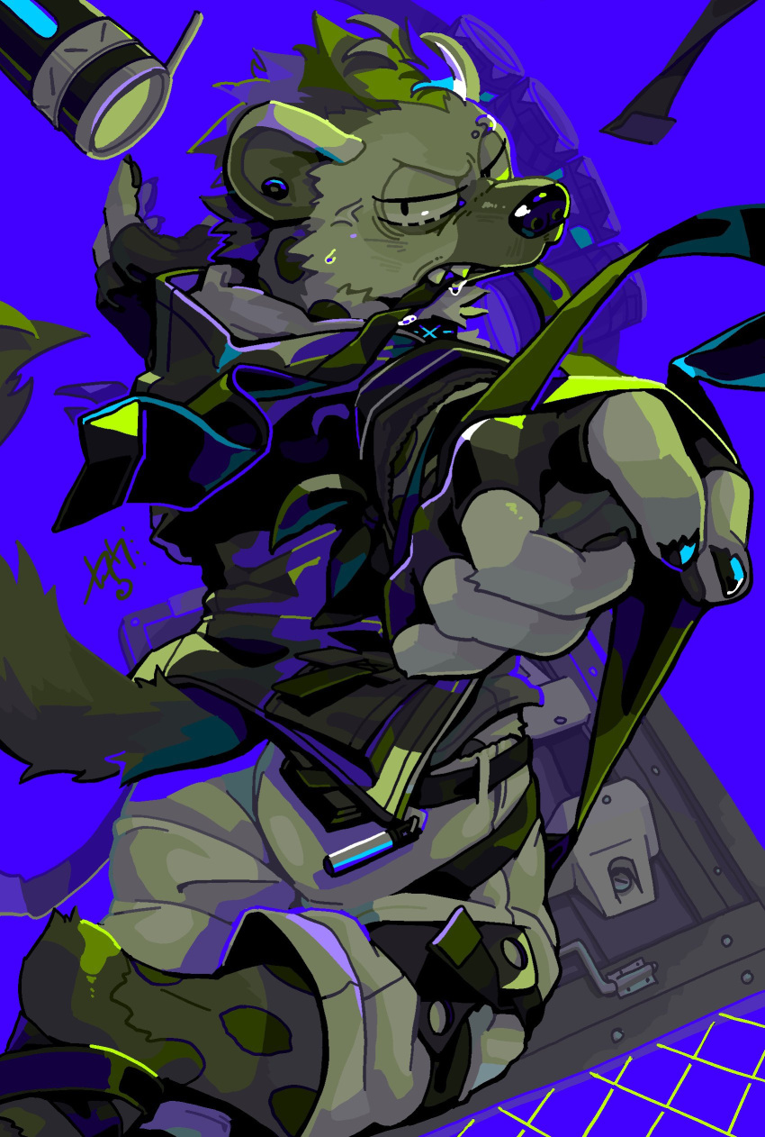 1boy, absurdres, anger_vein, arknights, black_jacket, claws, commentary_request, ear_piercing