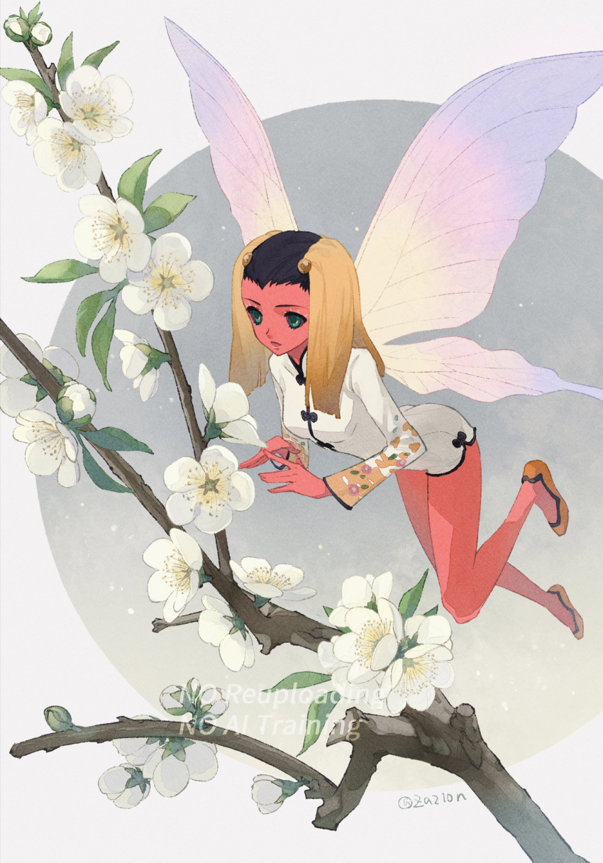 1girl, absurdres, artist_name, black_hair, blonde_hair, blunt_ends, branch, chinese_clothes