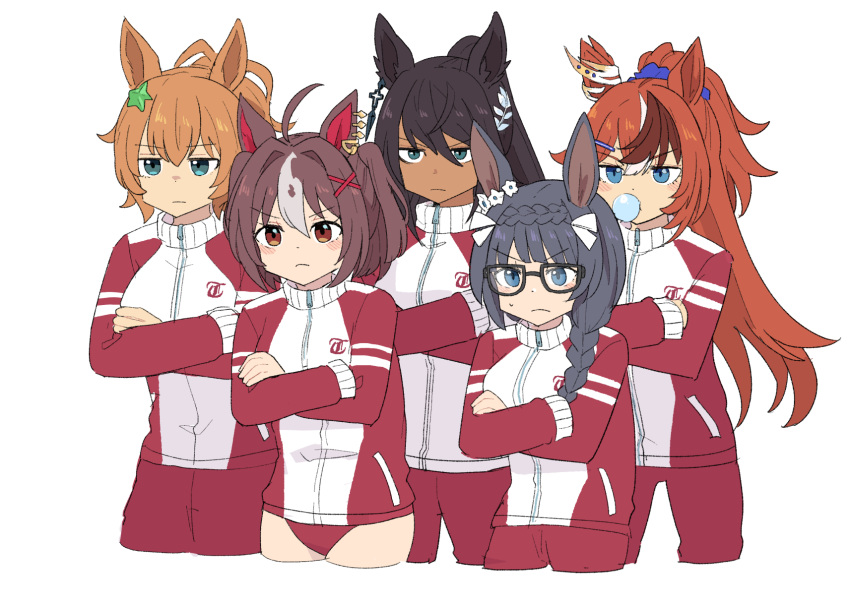 5girls, ahoge, animal_ears, black-framed_eyewear, black_hair, blue_eyes, braid, braided_ponytail, brown_eyes, brown_hair, bubble_gum_fellow_(umamusume), buruma, chewing_gum, crossed_arms, crown_braid, dark-skinned_female, dark_skin, ear_scrunchie, glasses, gran_alegria_(umamusume), green_eyes, hair_between_eyes, hair_intakes, hair_ornament, hair_over_one_eye, highres, horse_ears, horse_girl, jacket, jitome, long_hair, medium_hair, multicolored_hair, multiple_girls, orange_hair, pants, ponytail, red_buruma, red_jacket, red_pants, red_track_suit, serious, simple_background, star_(symbol), star_hair_ornament, streaked_hair, symboli_kris_s_(umamusume), taiki_shuttle_(umamusume), tracen_training_uniform, track_jacket, track_pants, track_suit, umamusume, umayoude_su, white_background, white_hair, x_hair_ornament, zenno_rob_roy_(umamusume)
