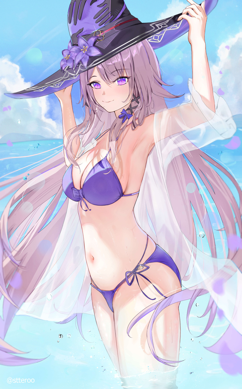 1girl, absurdres, beach, bikini, blue_bikini, blue_sky, blunt_bangs, breasts, brown_hair, clouds, falling_petals, floating_hair, hair_ornament, hat, herta_(honkai:_star_rail), highres, honkai:_star_rail, honkai_(series), long_hair, looking_at_viewer, medium_breasts, navel, ocean, outdoors, parted_bangs, petals, sky, smile, solo, standing, stteroo, swimsuit, the_herta_(honkai:_star_rail), thighs, twitter_username, very_long_hair, violet_eyes, wading, witch, witch_hat