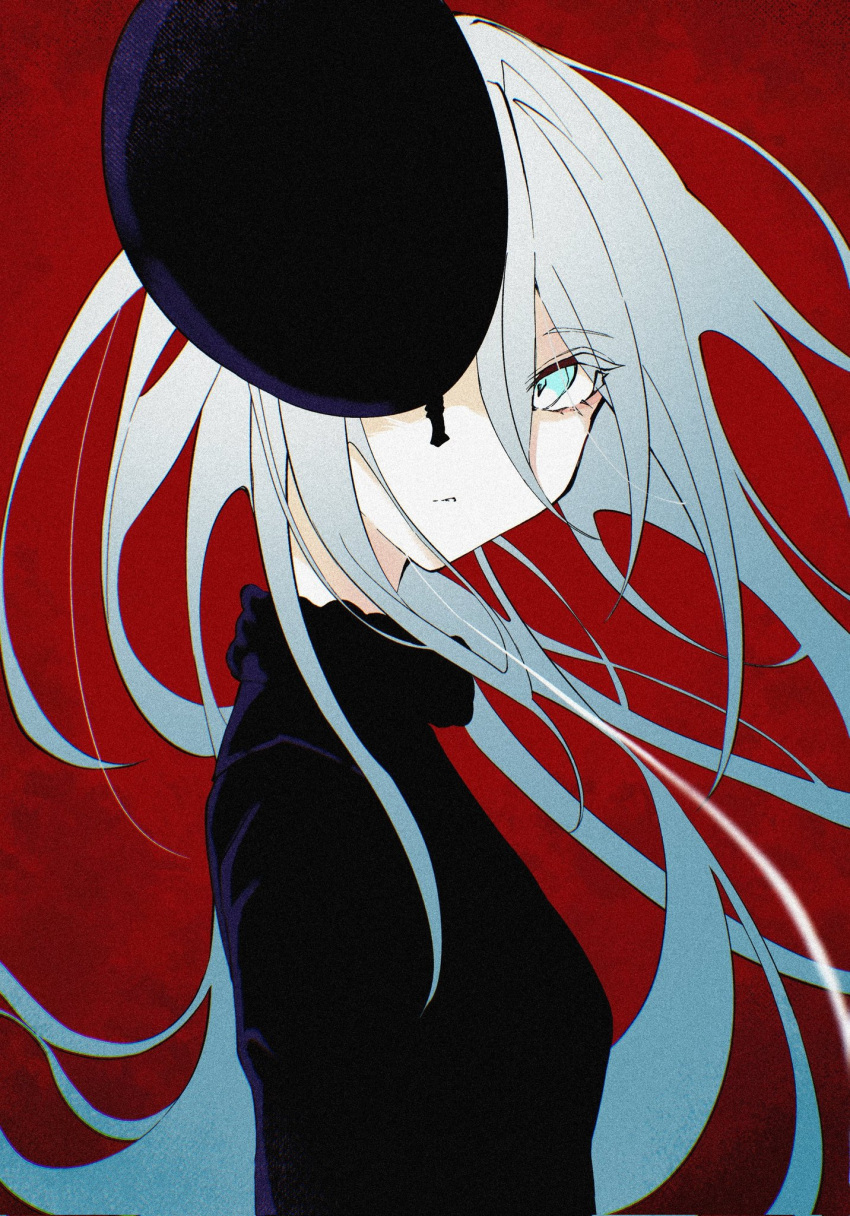 1girl, balloon, black_shirt, blue_eyes, closed_mouth, grey_hair, hair_between_eyes, hair_spread_out