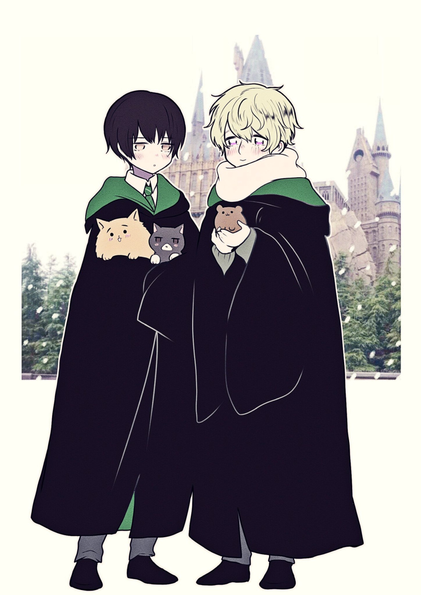 2boys, animal, animal_ears, axis_powers_hetalia, black_coat, black_hair, black_shoes, blonde_hair