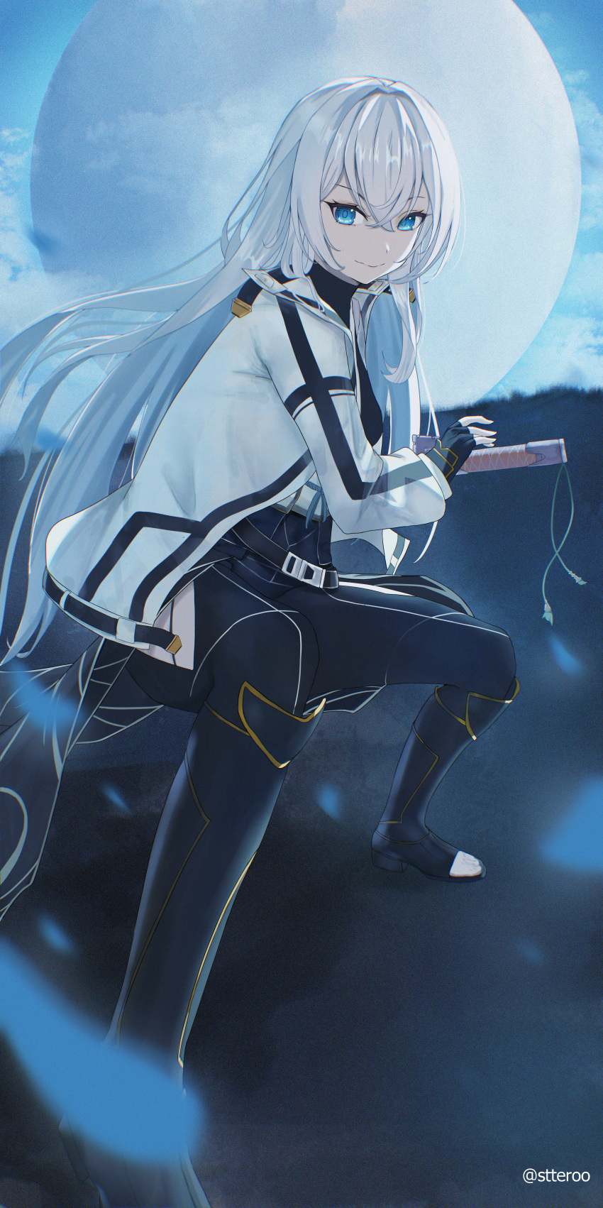1girl, absurdres, blue_sky, coat, crossed_bangs, double-parted_bangs, eiyuu_densetsu, floating_hair