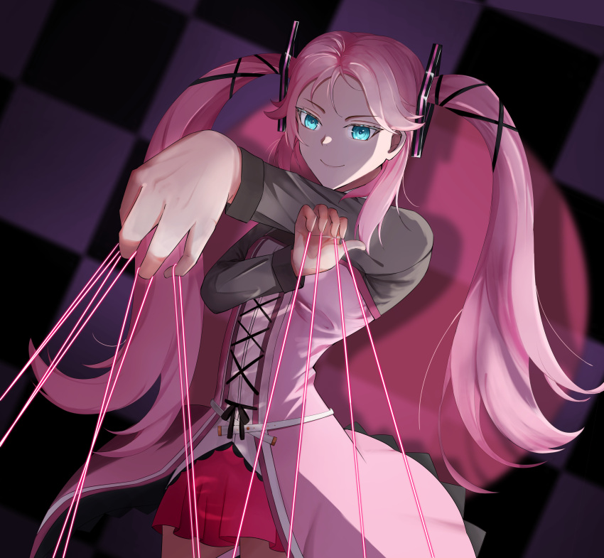 1girl, absurdres, blue_eyes, breasts, coat, corecamilox4, eiyuu_densetsu, english_commentary, highres, holding, holding_string, kuro_no_kiseki_(series), kuro_no_kiseki_ii, long_hair, long_sleeves, nadia_rayne, pink_hair, small_breasts, smile, solo, string, twintails, very_long_hair