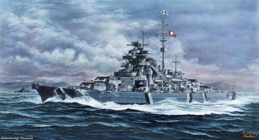 battleship, bismarck_(battleship), cannon, clouds, cloudy_sky, flag, highres, kriegsmarine