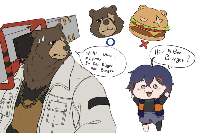 1boy, 1girl, animal_ears, bear_boy, bear_ears, belle_(zenless_zone_zero), ben_bigger, black_shirt, black_tank_top, blue_hair, brown_fur, burger, chain, chain_necklace, chibi, english_commentary, english_text, food, furry, furry_male, hair_ornament, hairpin, highres, holding, holding_weapon, jacket, jewelry, lazybears, looking_at_another, necklace, open_mouth, orange_jacket, over_shoulder, scar, scar_across_eye, scar_on_face, shirt, skirt, smile, speech_bubble, sweatdrop, tank_top, weapon, weapon_over_shoulder, white_background, white_jacket, zenless_zone_zero
