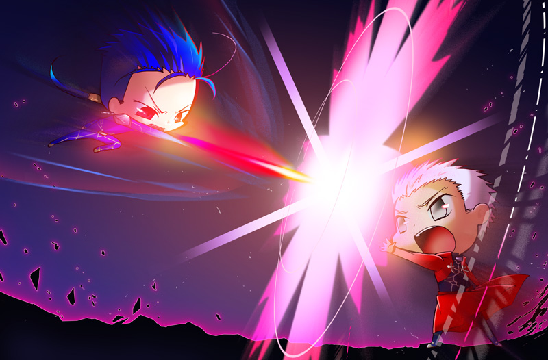 2boys, ass_cape, battle, blue_hair, chibi, fate/stay_night, fate_(series), fighting