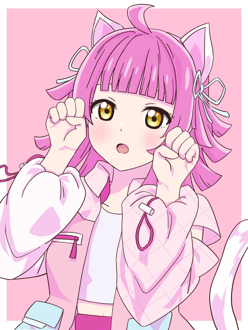 1girl, :o, ahoge, animal_ears, blue_ribbon, blunt_bangs, breast_pocket, cat_ears