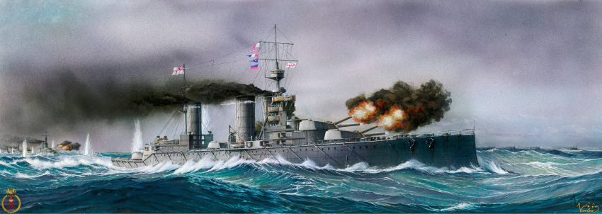 absurdres, battlecruiser, flag, highres, hms_princess_royal_(1911), mast, military_vehicle, no_humans, ocean, original, royal_navy, ship, ship_turret, smokestack, vehicle_focus, vortex_(xu_xuanwo), warship, watercraft, waves, white_ensign, world_war_i