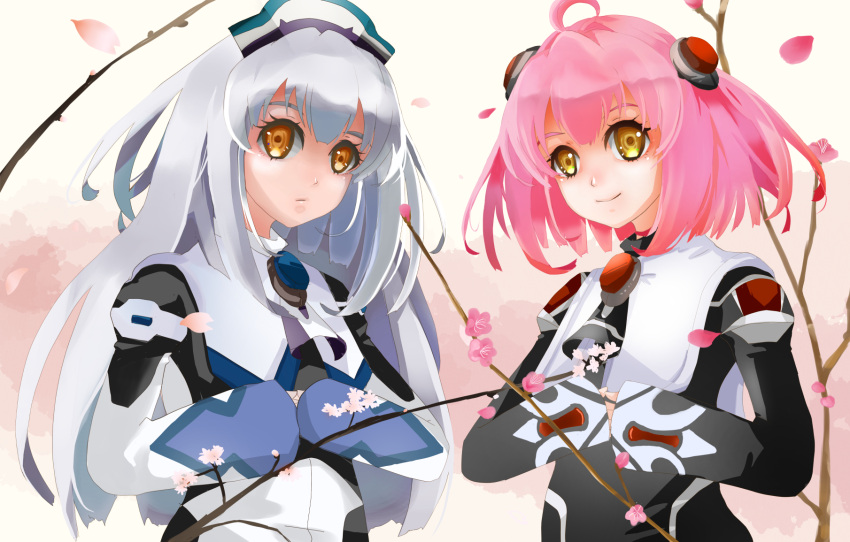 2girls, ahoge, cherry_blossoms, closed_mouth, commentary_request, eyelashes, falling_petals, gem