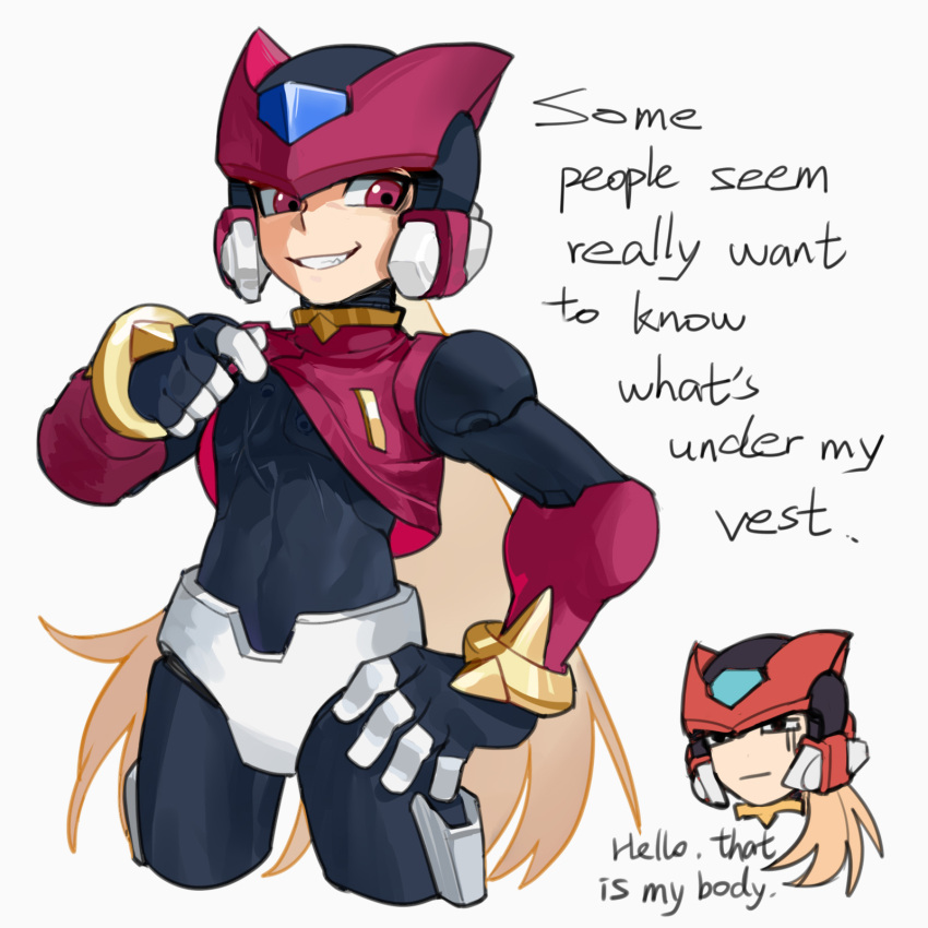 2boys, armor, bi_51334, black_bodysuit, black_eyes, blonde_hair, bodysuit, english_commentary, english_text, forehead_jewel, helmet, highres, long_hair, male_focus, mega_man_(series), mega_man_zero_(series), mega_man_zero_3, multiple_boys, omega_(mega_man), red_armor, red_eyes, red_helmet, red_vest, simple_background, vest, white_background, zero(z)_(mega_man), zero_(mega_man)