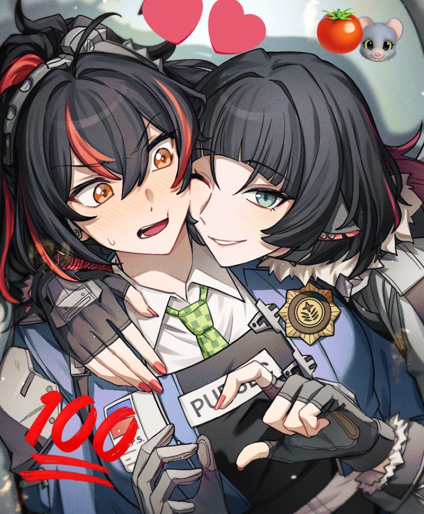 2girls, animal_ears, black_gloves, black_hair, blush, breasts, checkered_necktie, cheek-to-cheek