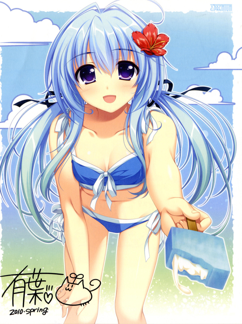 alpha_(artist), bikini, blue_hair, blush, flower, hair_flower, hair_ornament, hibiscus