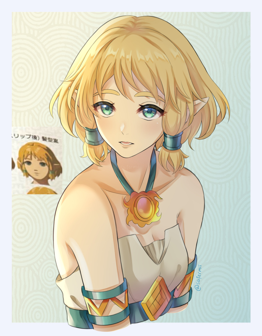 1girl, absurdres, artist_name, bare_shoulders, blonde_hair, border, collarbone, dress, green_eyes, hair_tubes, highres, jewelry, melodymiisafer, necklace, official_alternate_hairstyle, official_art_inset, outside_border, parted_lips, pointy_ears, portrait, princess_zelda, short_hair, sidelocks, strapless, strapless_dress, the_legend_of_zelda, the_legend_of_zelda:_tears_of_the_kingdom, upper_body, white_border