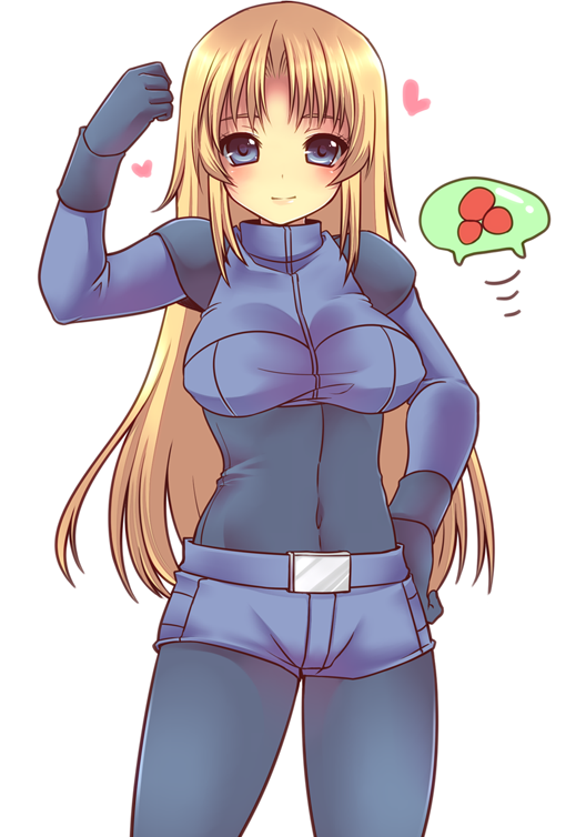bad_id, belt, blonde_hair, blue_eyes, bodysuit, crop_top, gloves, hand_on_hip