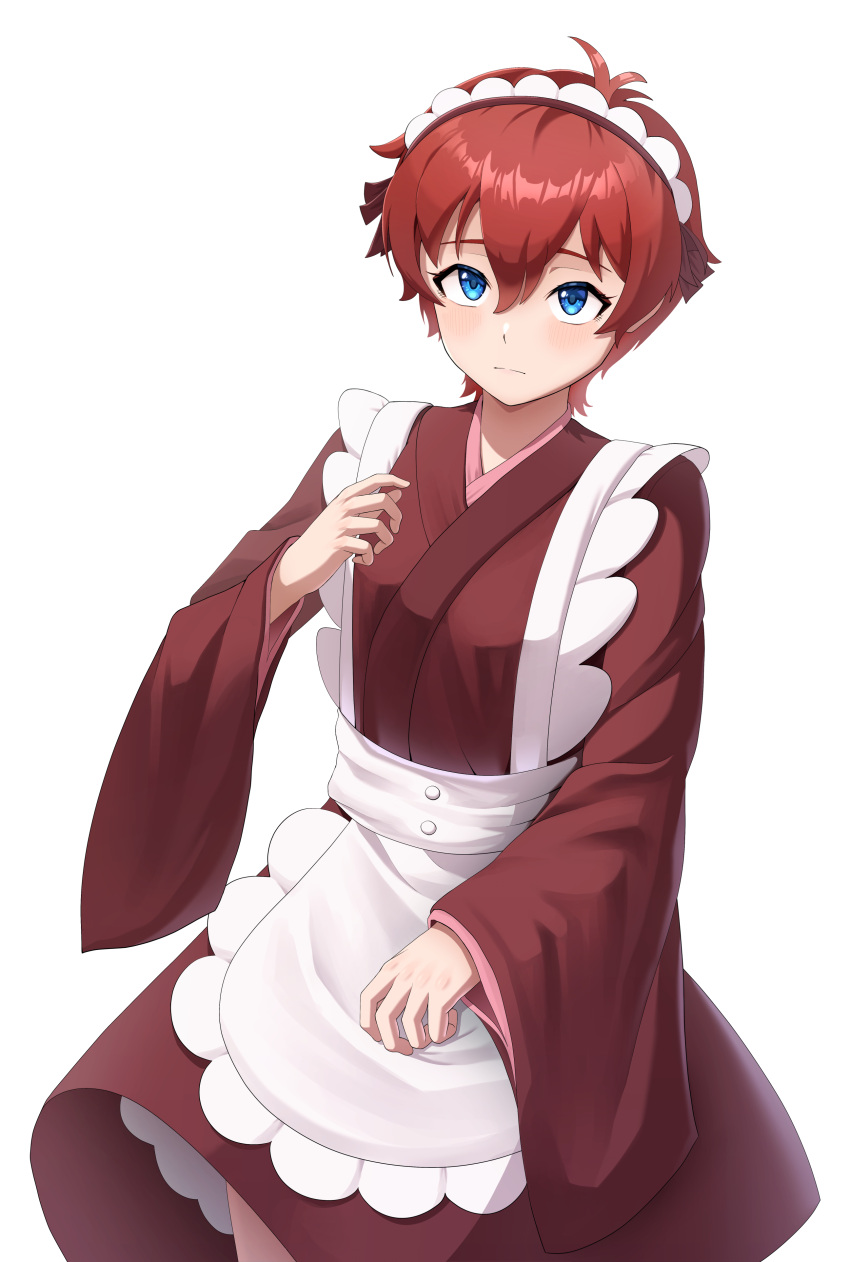 1girl, absurdres, alternate_costume, antenna_hair, apron, blush, commentary_request, enmaided