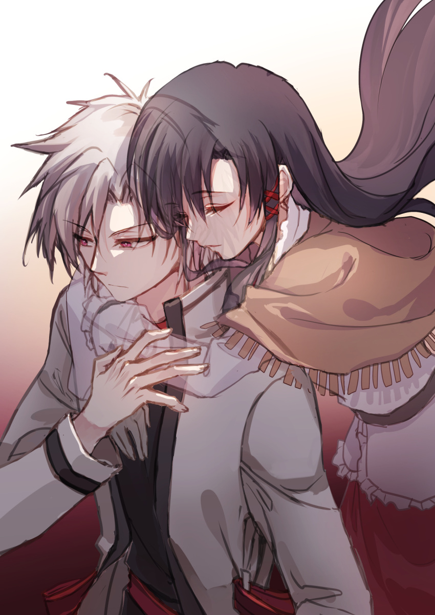 1boy, 1girl, black_hair, closed_eyes, closed_mouth, coat, couple, eiyuu_densetsu