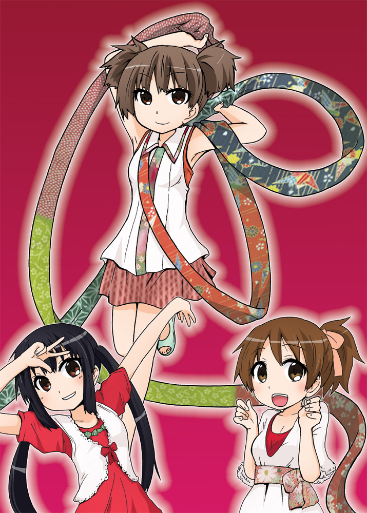 black_hair, brown_hair, hirasawa_ui, k-on!, nakano_azusa, open_mouth, outstretched_arms, parody, ponytail, ribbon, short_twintails, skirt, sleeveless, sleeveless_shirt, smile, sphere_(group), suzuki_jun, tokidome_zamao, twintails