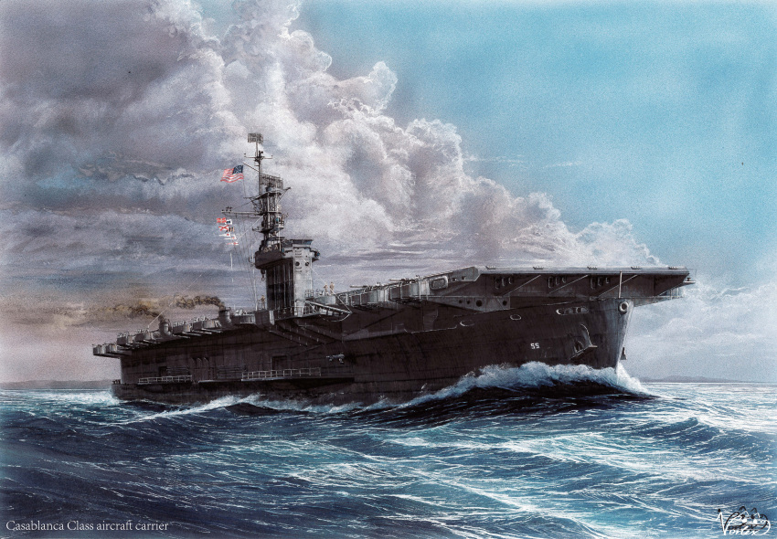 absurdres, aircraft_carrier, american_flag, anchor, anti-aircraft_gun, border, flag, highres, military_vehicle, ocean, original, outdoors, radar, scenery, ship, smoke, smokestack, united_states_navy, uss_casablanca_(cve-55), vehicle_focus, vortex_(xu_xuanwo), wake_(wave), warship, watercraft, waves, world_war_ii