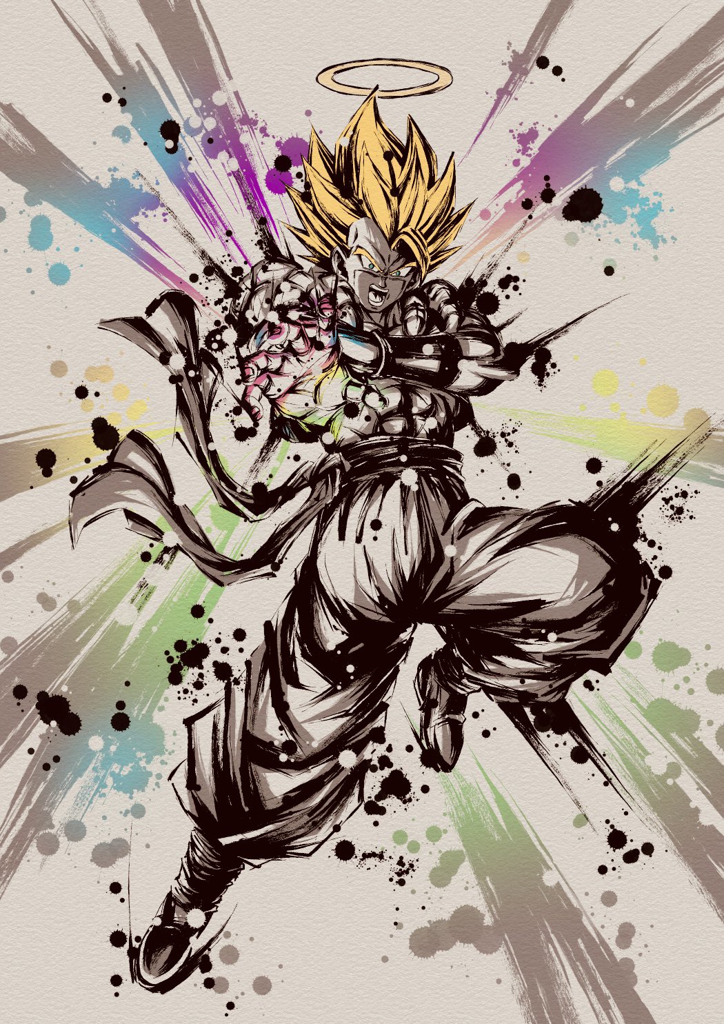 1boy, abs, blonde_hair, cropped_vest, derivative_work, dragon_ball, dragon_ball_z, dragon_ball_z_dokkan_battle, full_body, gogeta, green_hair, grey_background, halo, highres, ink_wash_painting, medium_hair, metamoran_vest, muscular, muscular_male, open_clothes, open_vest, partially_colored, simple_background, solo, spiky_hair, spmjg7, super_saiyan, super_saiyan_1, vest