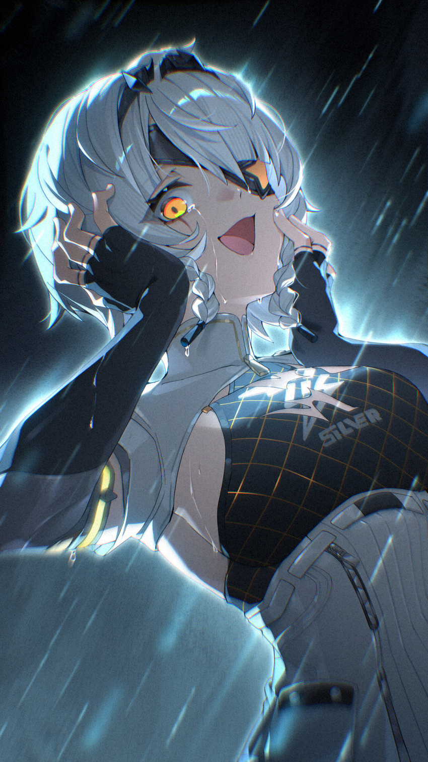 1girl, black_gloves, black_hairband, braid, breasts, commentary, crazy_smile, eyepatch