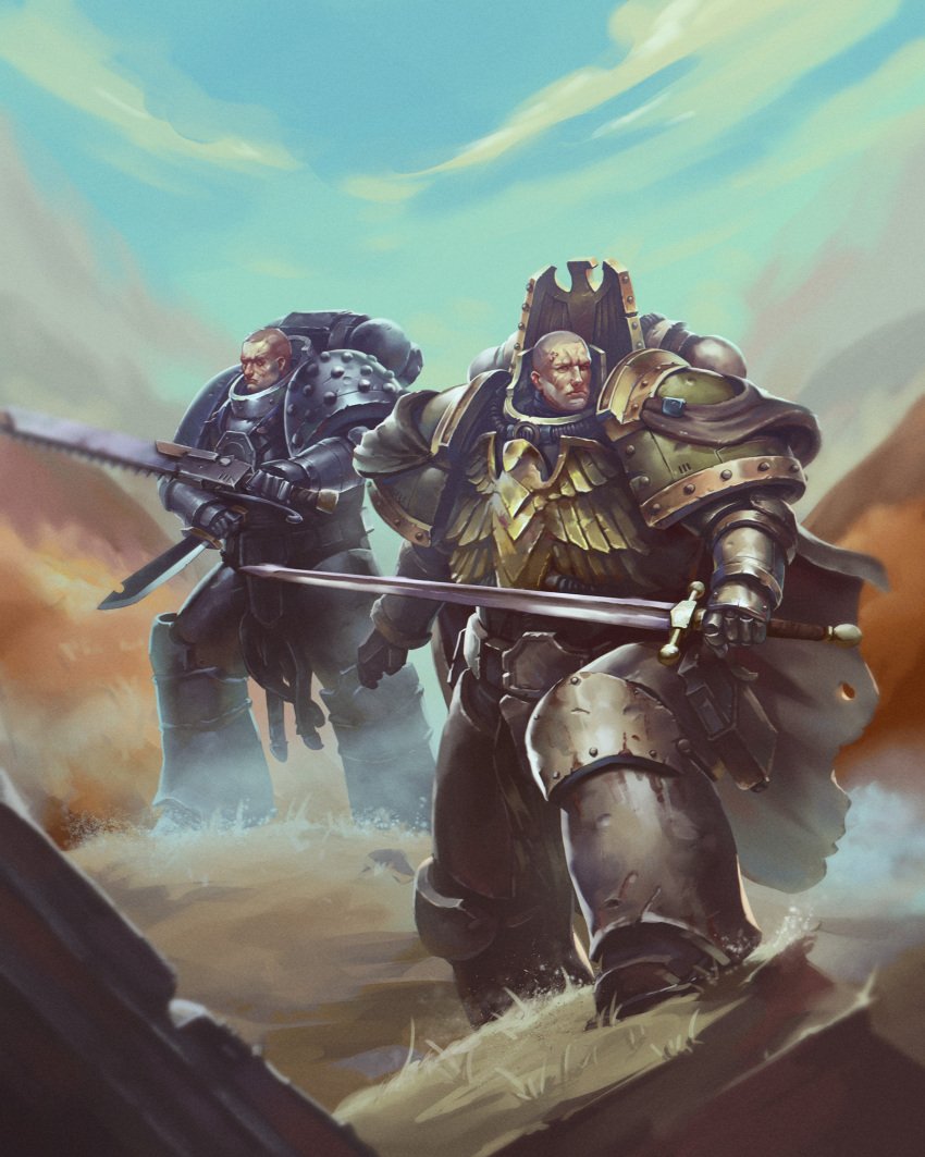 2boys, adeptus_astartes, armor, armored_boots, asymmetrical_dual_wielding, bald, belt, belt_bag