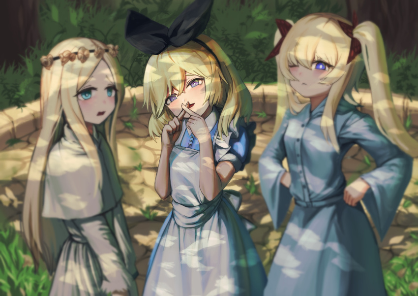 3girls, alice_liddell_(black_souls), apron, black_souls, black_souls_2, blue_dress, blue_eyes, bright_pupils