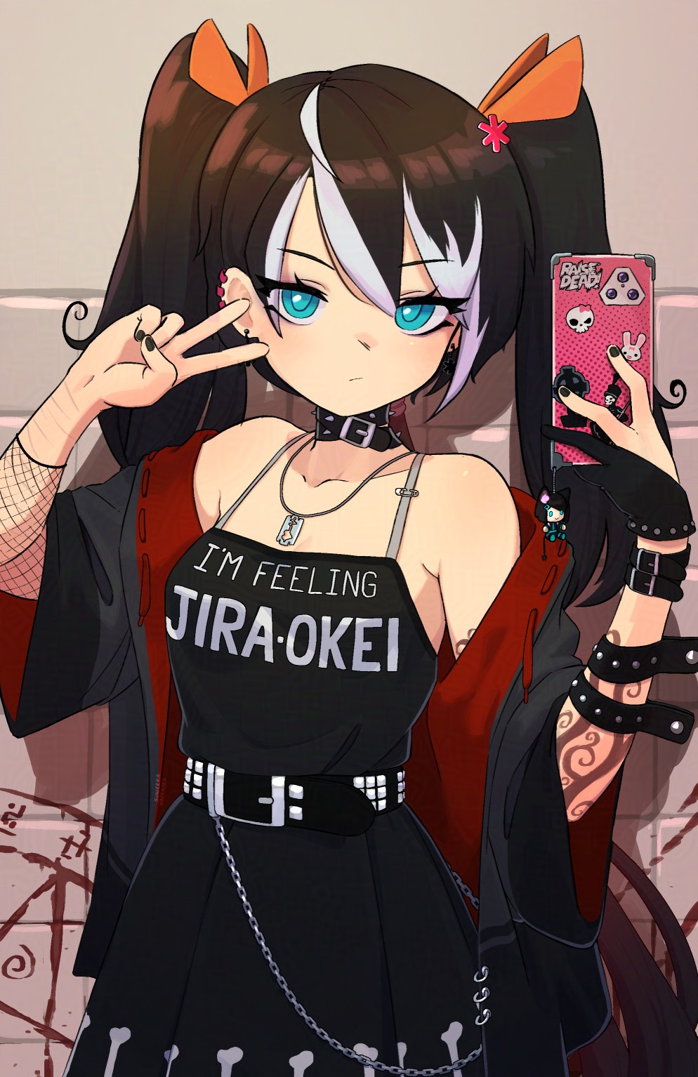 arm_tattoo, artist_glove, belt, black_choker, black_dress, black_nails, blue_eyes, brown_hair