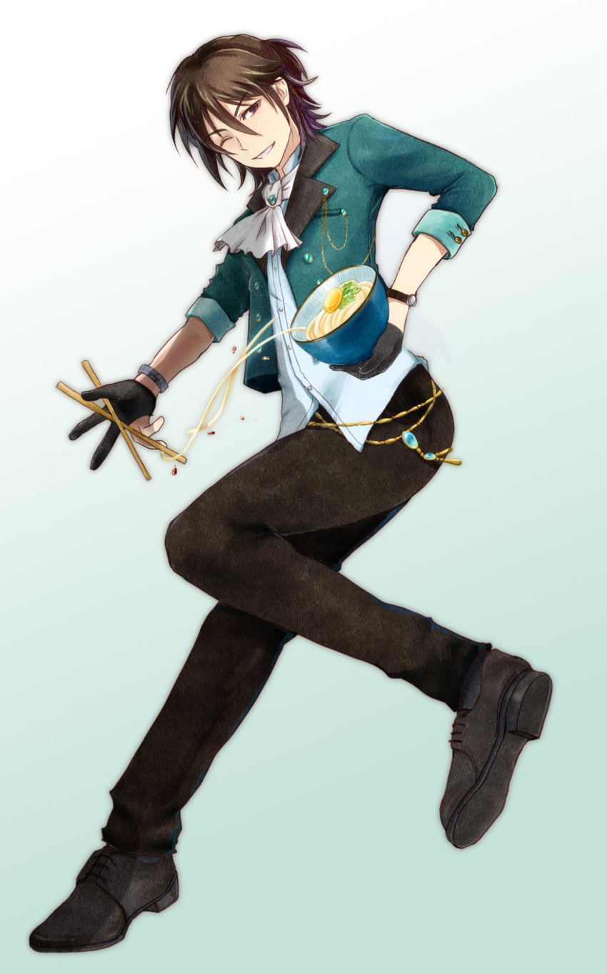 1boy, ascot, black_gloves, black_pants, black_shoes, blazer, brown_hair, bungou_to_alchemist