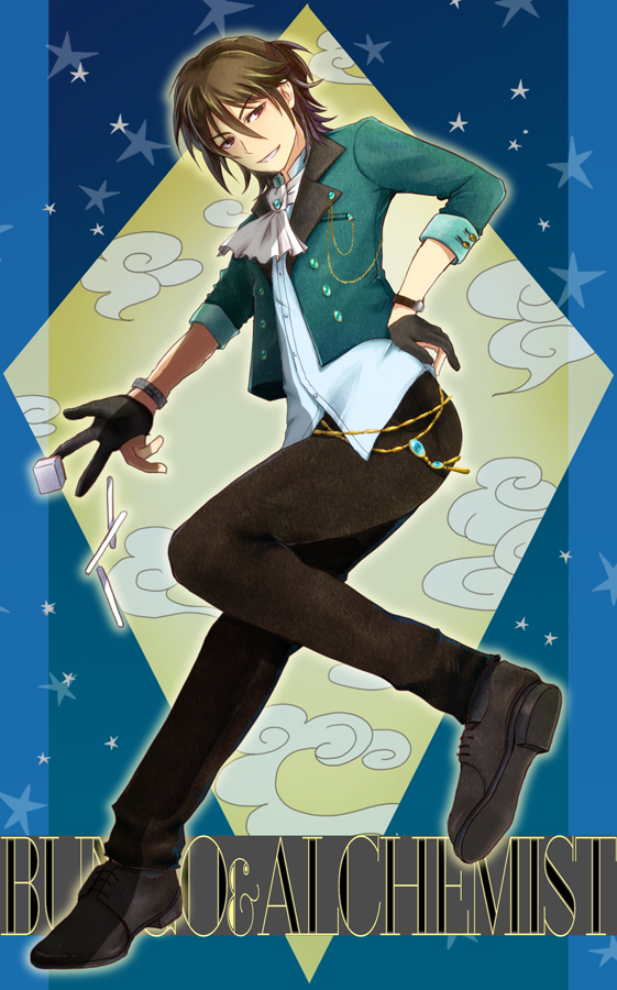 1boy, ascot, black_gloves, black_pants, black_shoes, blazer, blue_background, brown_hair