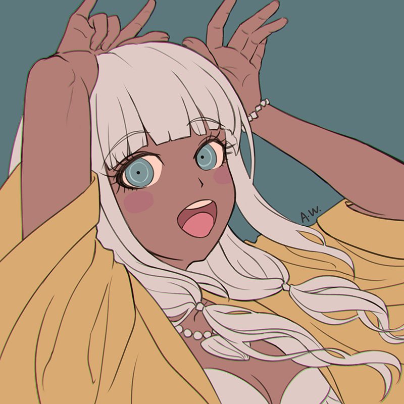 1girl, arms_up, bead_necklace, beads, bikini, blue_background, blue_eyes, blunt_bangs, bracelet, danganronpa_(series), danganronpa_v3:_killing_harmony, dark-skinned_female, dark_skin, ganguro, gyaru, happy, jewelry, long_hair, looking_at_viewer, low_twintails, necklace, open_mouth, portrait, raincoat, ringed_eyes, shell, shell_necklace, simple_background, smile, solo, suika_no9, swimsuit, twintails, white_hair, yellow_raincoat, yonaga_angie