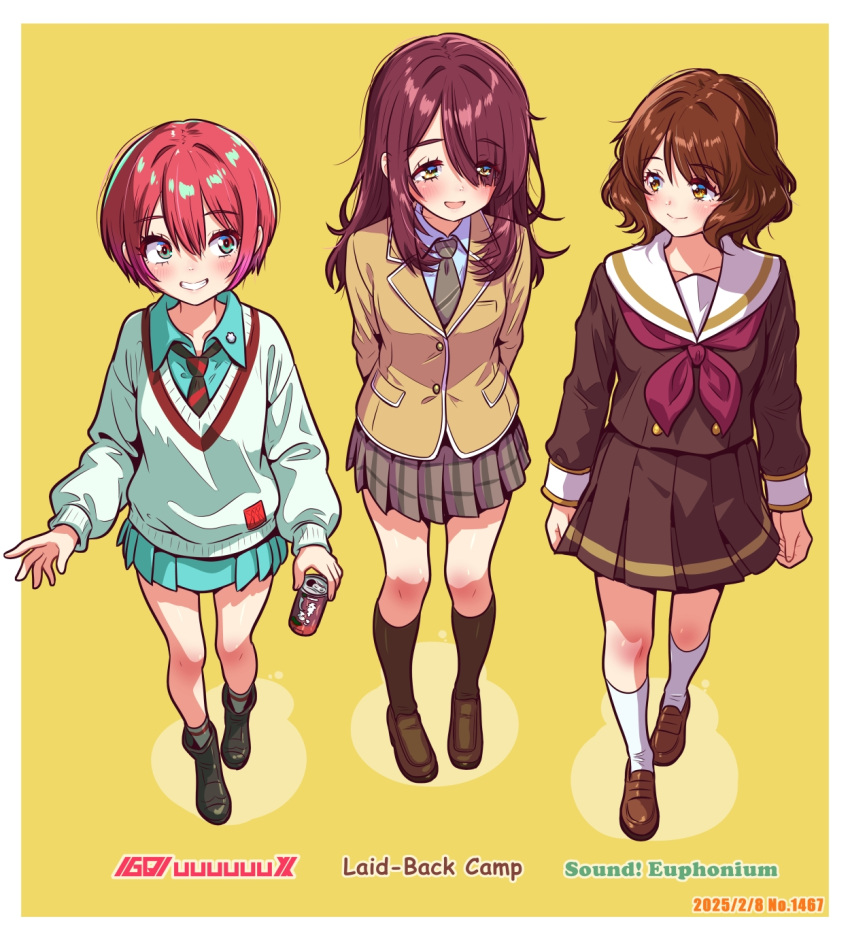 3girls, amate_yuzuriha, blush, border, brown_hair, can, collarbone, crossover