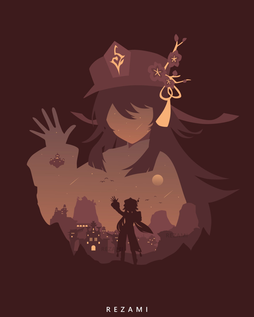 1girl, artist_name, brown_theme, commentary, facing_viewer, flower, full_moon, genshin_impact, hand_up, hat, hat_flower, highres, hu_tao_(genshin_impact), jade_chamber_(genshin_impact), long_hair, low_twintails, minimalism, monochrome, moon, mountain, rezami, silhouette, solo, standing, twintails, waving