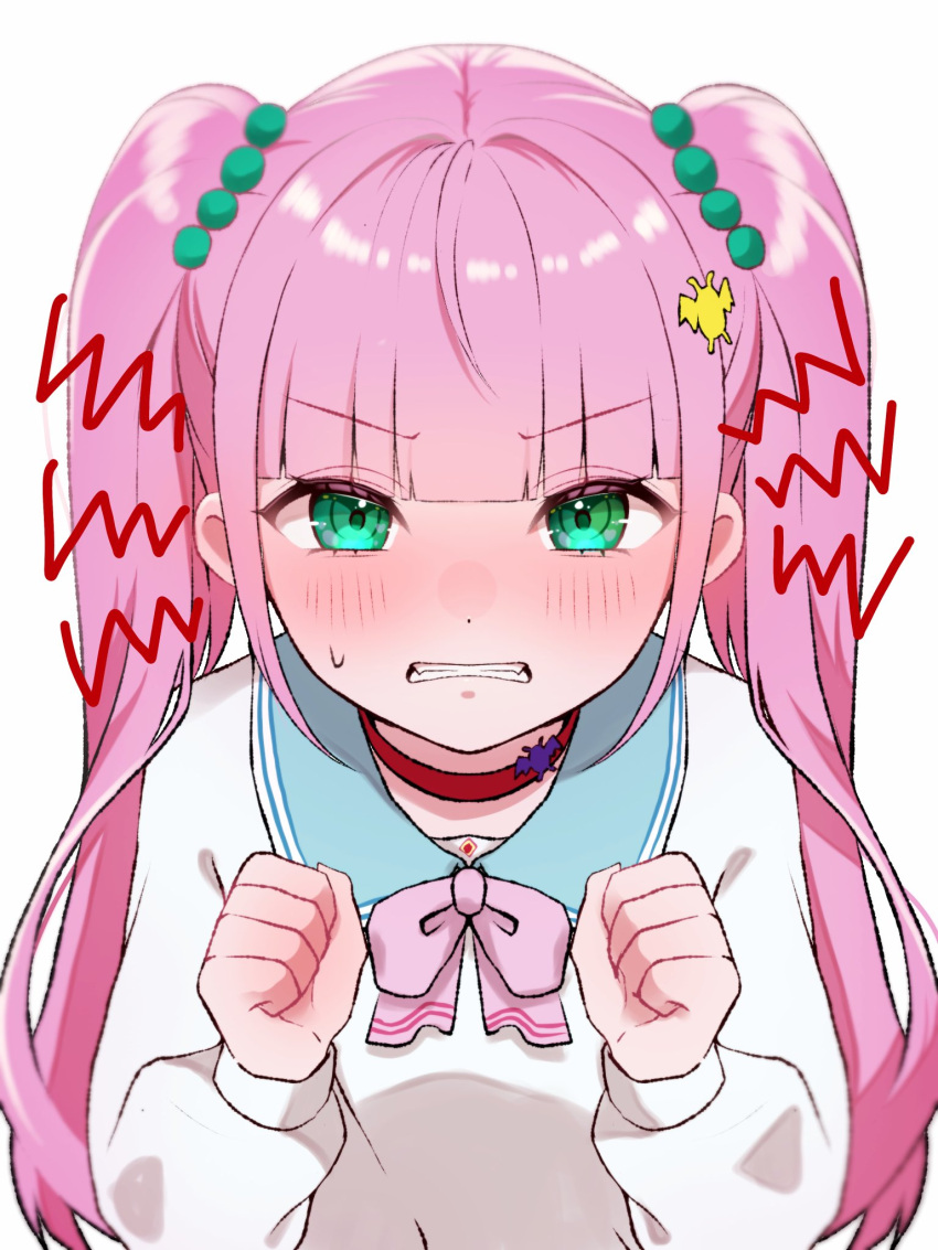1girl, angry, blunt_bangs, blush, bow, choker, clenched_hands, clenched_teeth, commentary_request, dracky, dragon_quest, dragon_quest_x, fangs, green_eyes, hair_ornament, hairclip, highres, lapis_(dq10), looking_at_viewer, nikon_(user_aznh7528), pink_bow, pink_hair, red_choker, school_uniform, solo, squiggle, sweatdrop, teeth, twintails, upper_body, white_background