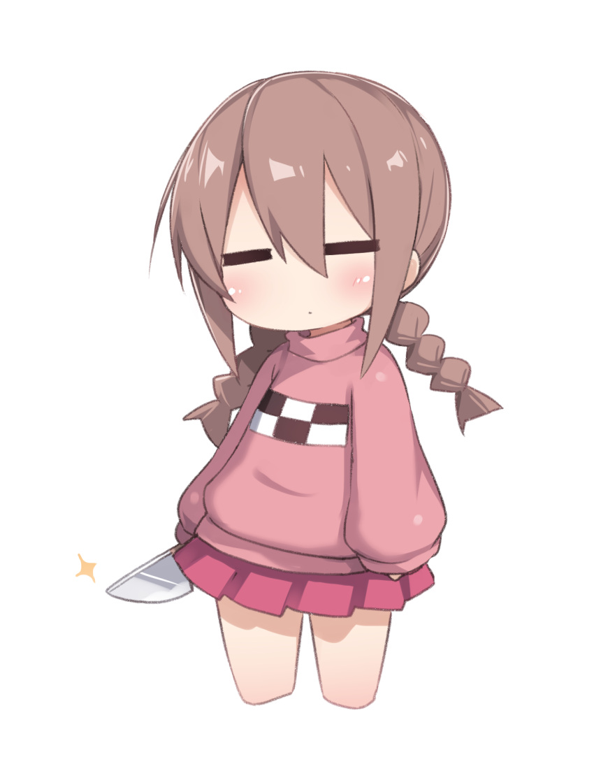 1girl, braid, brown_hair, closed_eyes, closed_mouth, commentary_request, cropped_legs, dot_mouth