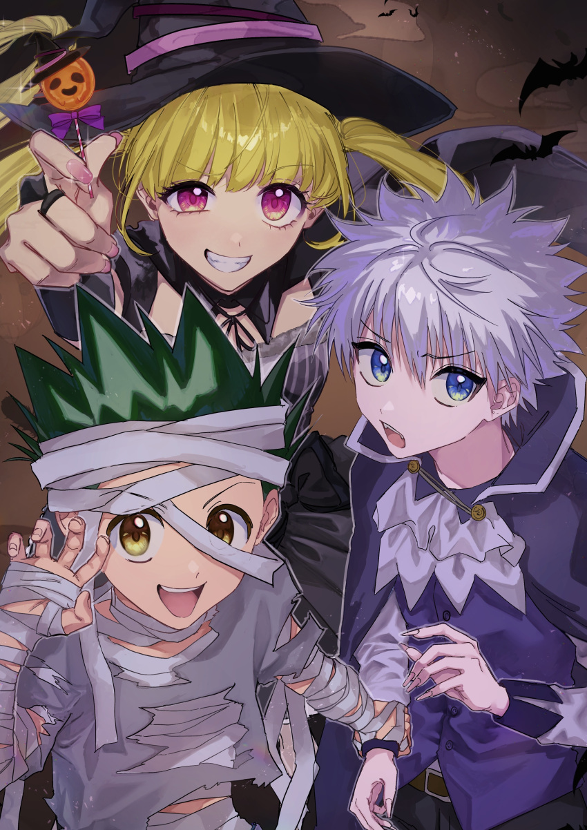1girl, 2boys, absurdres, bandaged_arm, bandaged_chest, bandaged_head, bandages, bat_(animal)