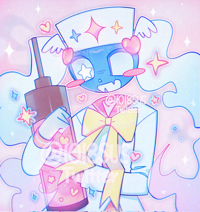 1018sus, 1boy, bow, bowtie, cosplay, dusekkar_(roblox), forsaken_(roblox), hat, hatsune_miku, hatsune_miku_(cosplay), highres, holding, holding_syringe, m@gical_cure!_love_shot!_(vocaloid), nurse_cap, object_head, open_mouth, pink_sailor_collar, pumpkin_head, roblox, sailor_collar, smile, solo, sparkle, syringe, upper_body, vocaloid, yellow_bow, yellow_bowtie
