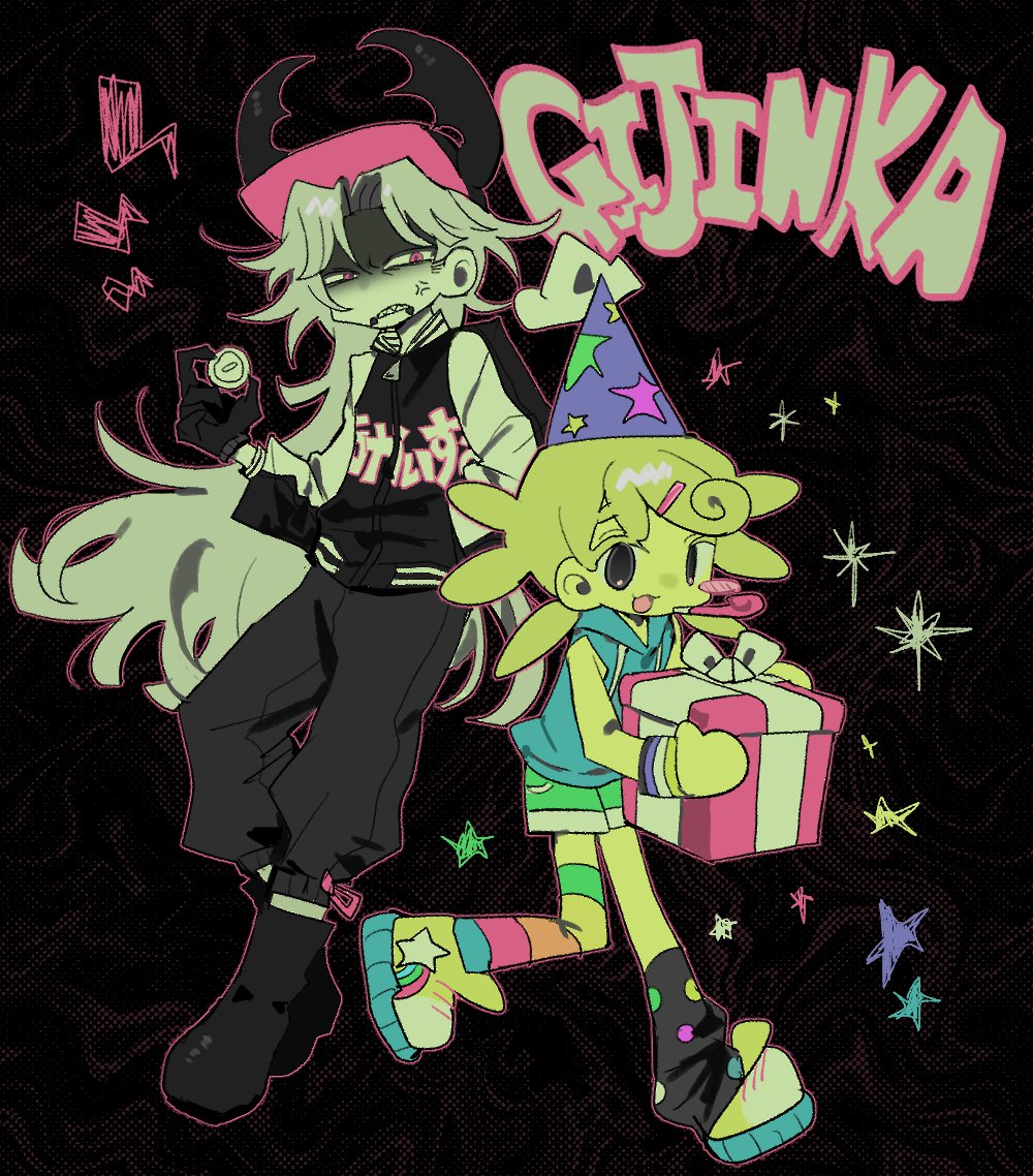 1boy, 1other, :3, anger_vein, black_background, black_eyes, black_jacket, black_pants, blonde_hair, blue_vest, clenched_teeth, coin, colored_skin, full_body, green_shorts, holding, holding_coin, humanization, jacket, long_hair, long_sleeves, mismatched_socks, open_mouth, pants, partynoob_(regretevator), pest_(regretevator), regretevator, roblox, sharp_teeth, shorts, simple_background, smile, teeth, un_0tk, very_long_hair, vest, white_hair, yellow_skin