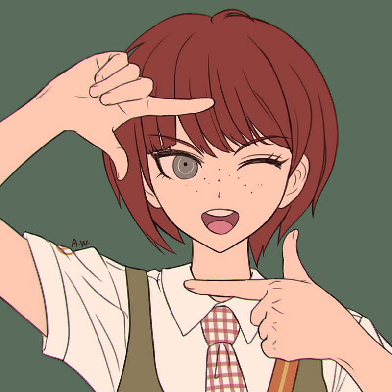 1girl, collared_shirt, danganronpa_(series), danganronpa_2:_goodbye_despair, dress, eyelashes, finger_frame, freckles