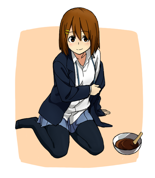 brown_eyes, brown_hair, chocolate, hirasawa_yui, iefukurou, k-on!, pantyhose, school_uniform
