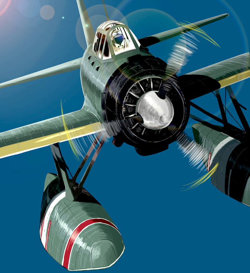 1boy, aichi_e13a, aircraft, airplane, blue_sky, check_vehicle, cockpit, commentary_request