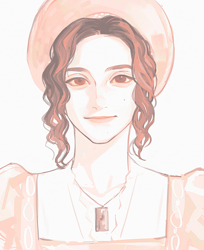 1girl, brown_eyes, brown_hair, commentary, curly_sidelocks, english_commentary, forehead, headdress