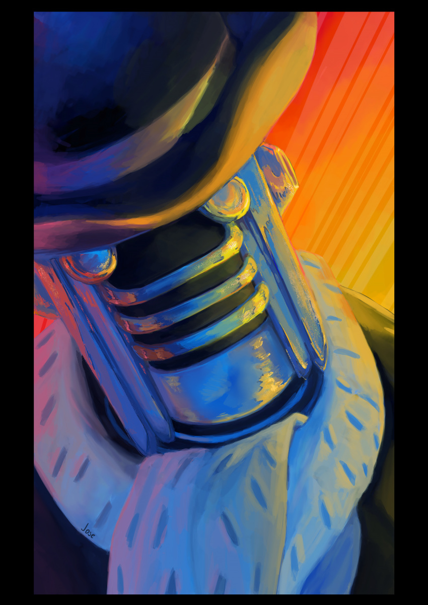 1other, absurdres, black_coat, black_hat, blue_eyes, blue_scarf, blue_theme, bowler_hat, coat, hat, highres, janagreniuk, jojo_no_kimyou_na_bouken, jojolion, orange_background, portrait, scarf, stand_(jojo), wonder_of_u