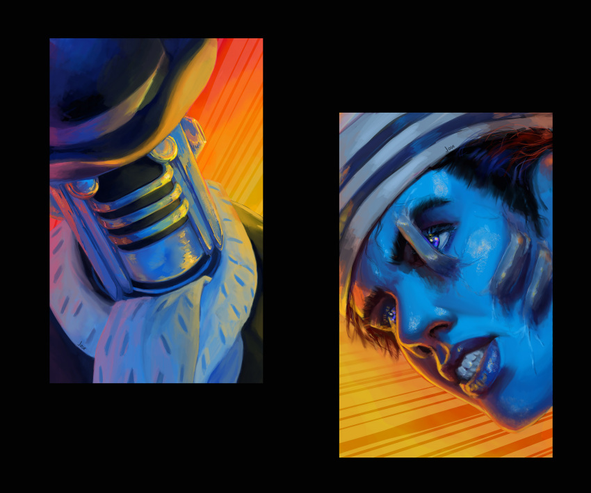 1boy, 1other, absurdres, black_coat, black_hat, blue_eyes, blue_lips, blue_scarf