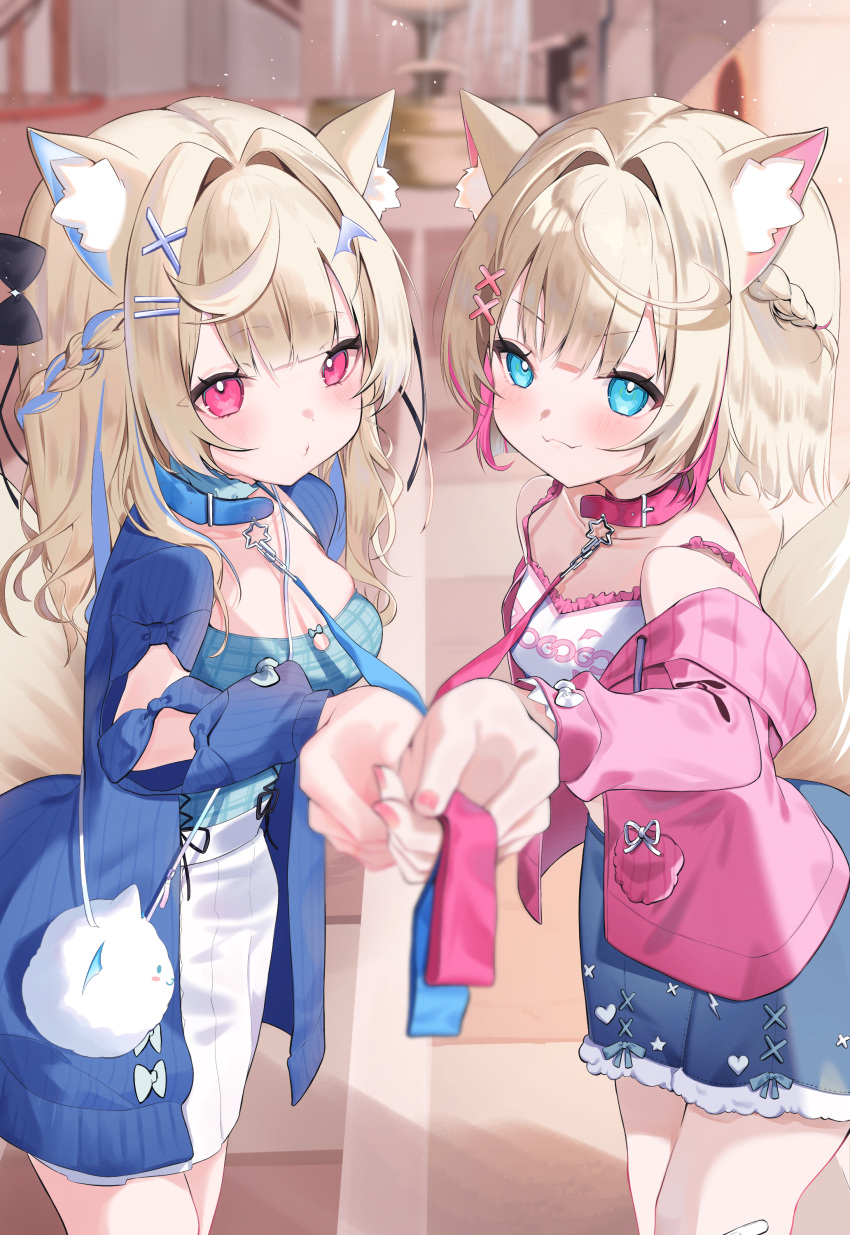 2girls, :3, absurdres, animal_collar, animal_ears, bag, blonde_hair, blue_collar