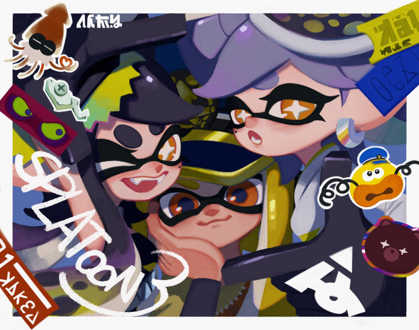 3girls, agent_3_(splatoon), black_dress, black_gloves, black_hair, blonde_hair, blue_hat, border, bow-shaped_hair, bright_pupils, callie_(alterna)_(splatoon), callie_(splatoon), cap'n_cuttlefish, captain_3_(splatoon), closed_mouth, coat, copyright_name, cross-shaped_pupils, dj_octavio, dress, fangs, gloves, grey_hair, hand_on_own_cheek, hand_on_own_face, hat, highres, inkling, ka1_(k4k37), long_hair, looking_at_viewer, marie_(alterna)_(splatoon), marie_(splatoon), mole, mole_under_eye, mr._grizz_(splatoon), multiple_girls, object_on_head, one_eye_closed, open_mouth, peaked_cap, pointy_ears, red_eyes, revision, smile, splatoon_(series), splatoon_3, strapless, strapless_dress, swept_bangs, symbol-shaped_pupils, tentacle_hair, thick_eyebrows, white_border, white_coat, white_pupils, yellow_eyes, zapfish