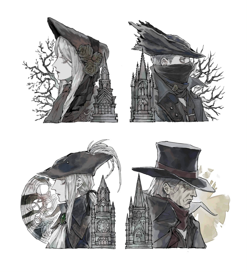 2boys, 2girls, absurdres, ascot, bloodborne, bonnet, branch, castle, cropped_torso, flower, from_side, gehrman_the_first_hunter, green_brooch, hat, hat_feather, hat_flower, highres, hunter_(bloodborne), lady_maria_of_the_astral_clocktower, looking_ahead, mask, multiple_boys, multiple_girls, muted_color, plain_doll, profile, simple_background, soldalepaz11, top_hat, tricorne, white_background