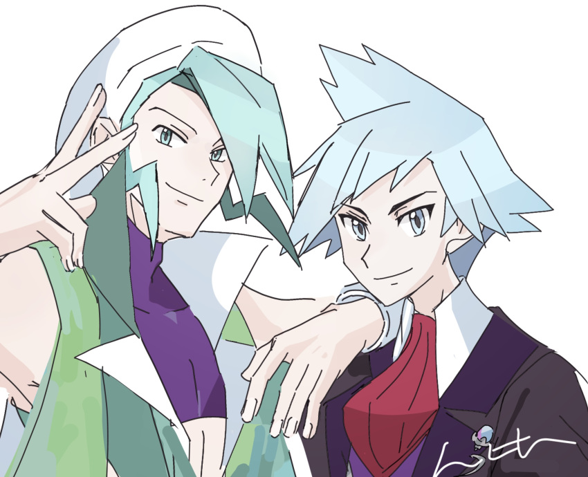 2boys, 6l226, beret, bracelet, closed_mouth, collared_shirt, commentary_request, cropped_shirt, green_eyes, green_hair, green_vest, hat, highres, jacket, jewelry, male_focus, multiple_boys, necktie, pokemon, pokemon_oras, purple_shirt, red_necktie, shirt, short_hair, signature, simple_background, smile, steven_stone, v, vest, wallace_(pokemon), white_background, white_hat, white_shirt
