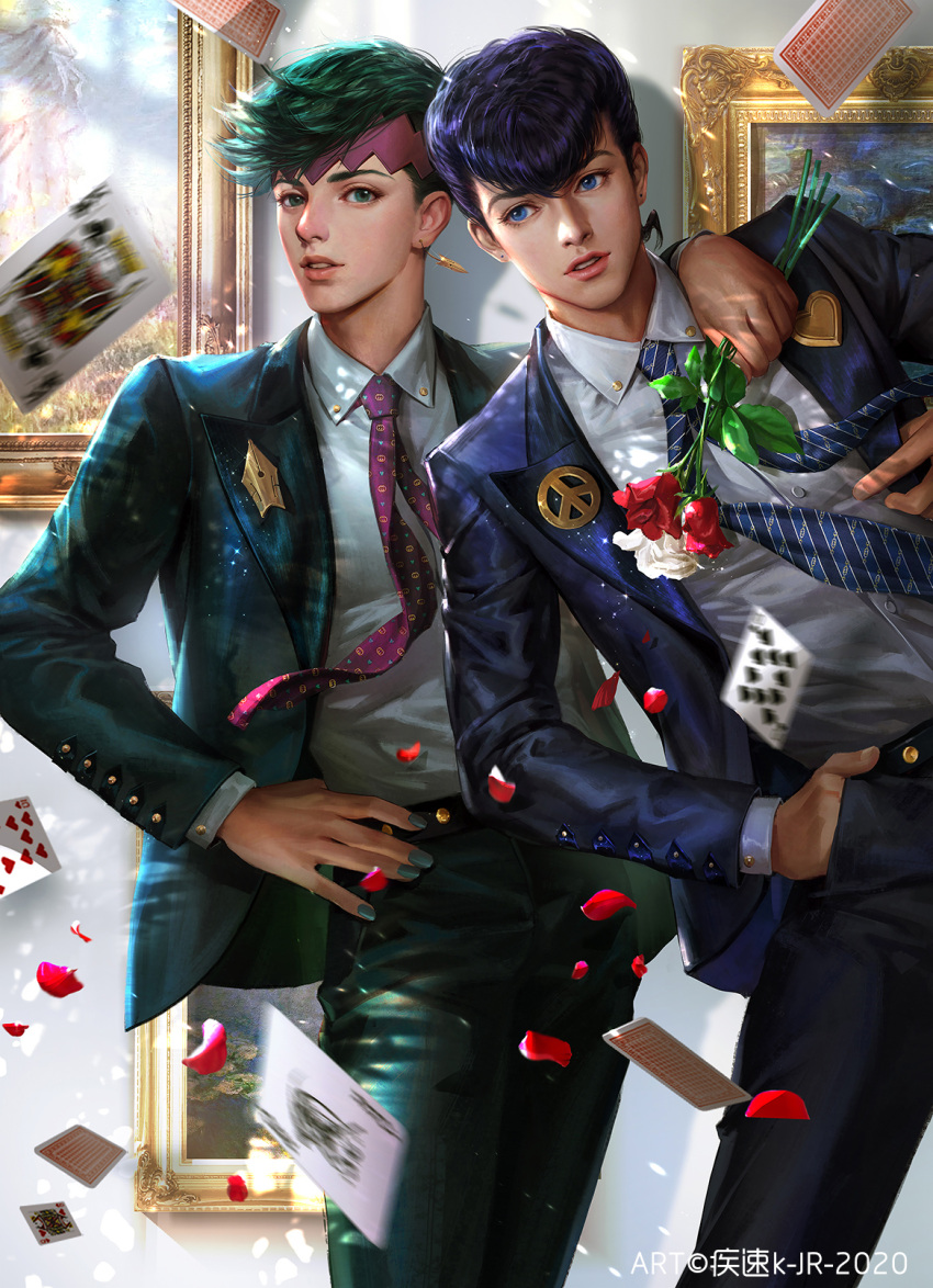 alternate_costume, blue_eyes, blue_jacket, blue_necktie, blue_pants, card, collared_shirt, cowboy_shot