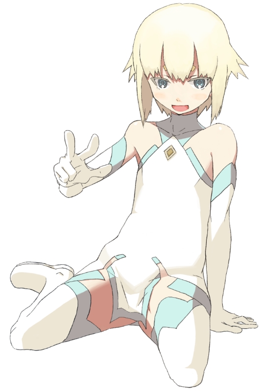 bare_shoulders, blonde_hair, blue_eyes, boots, dress, elbow_gloves, element_hunters, gloves